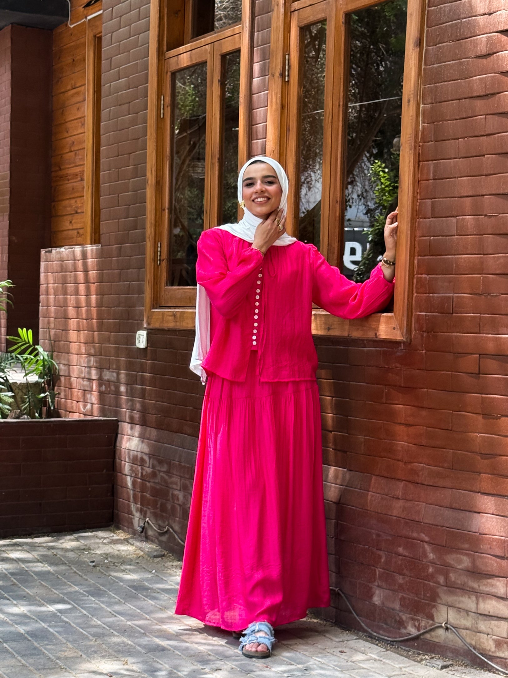 Front-Button Pleated Set- Fuchsia