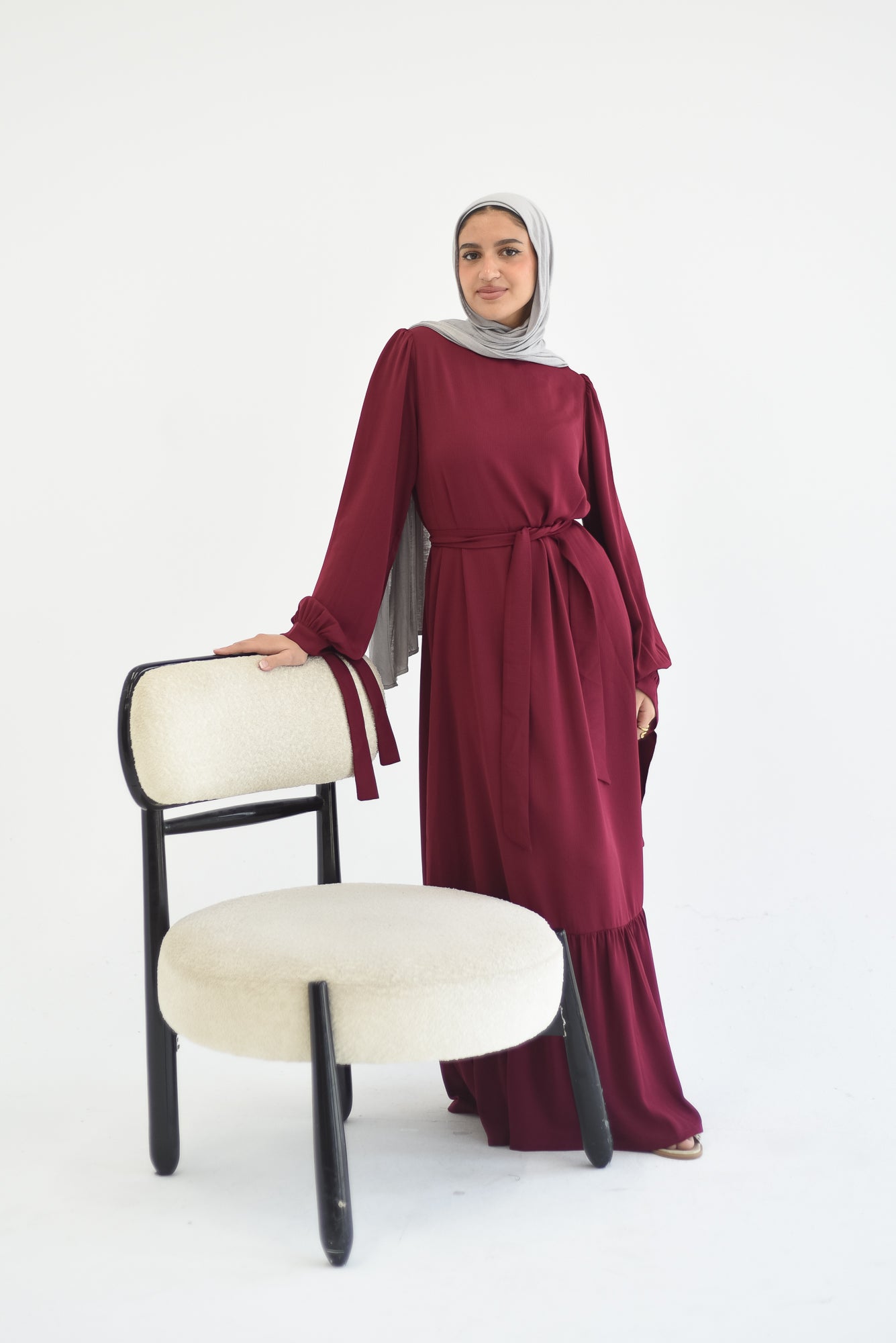 فستان ساتان بأكمام برباط - كستنائي