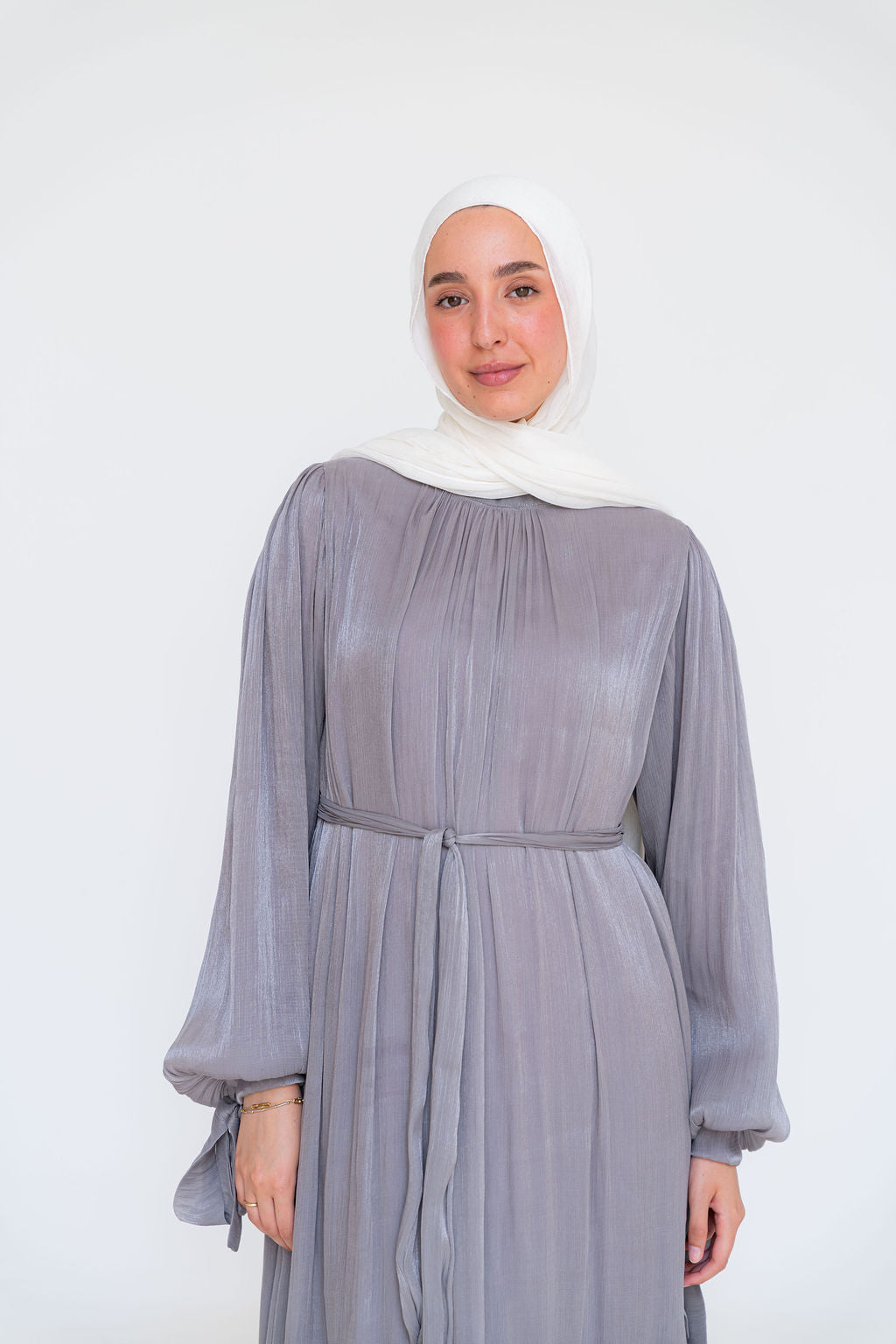 Shimmer Crinkled Satin Dress-Gray