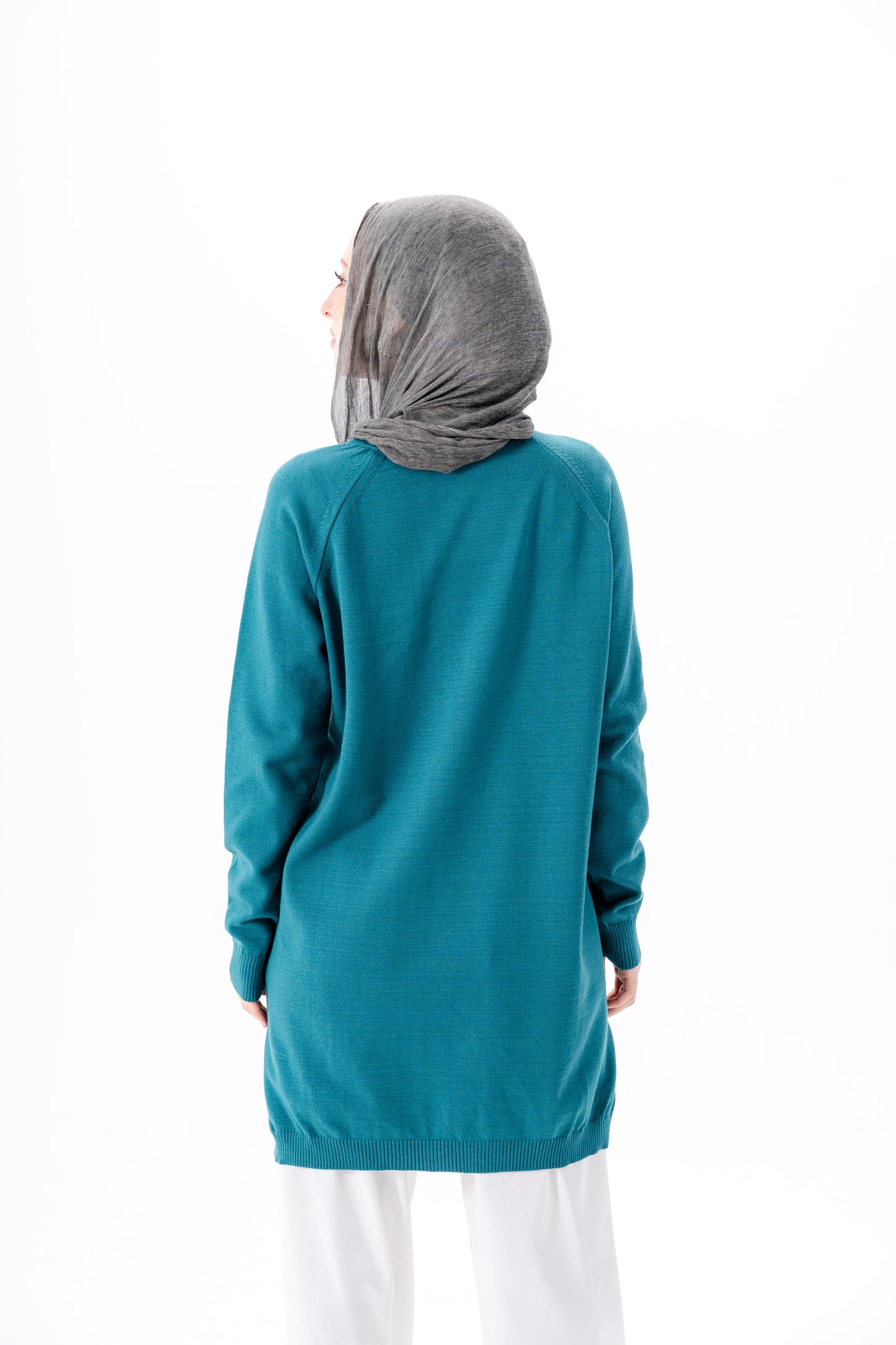كنزة صوفية طويلة أساسية - لون أزرق مخضر