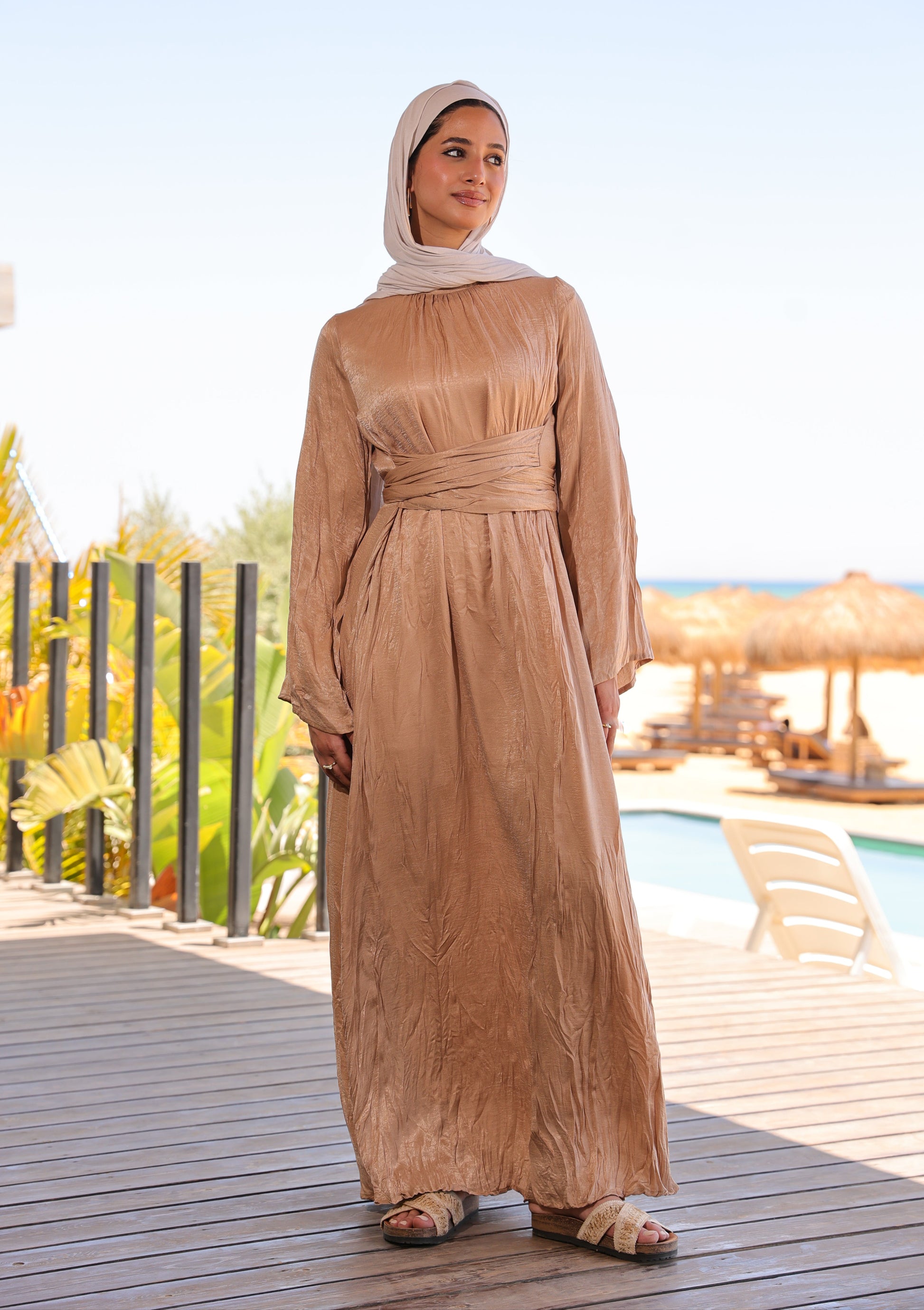 Crunchy Satin Dress - Beige