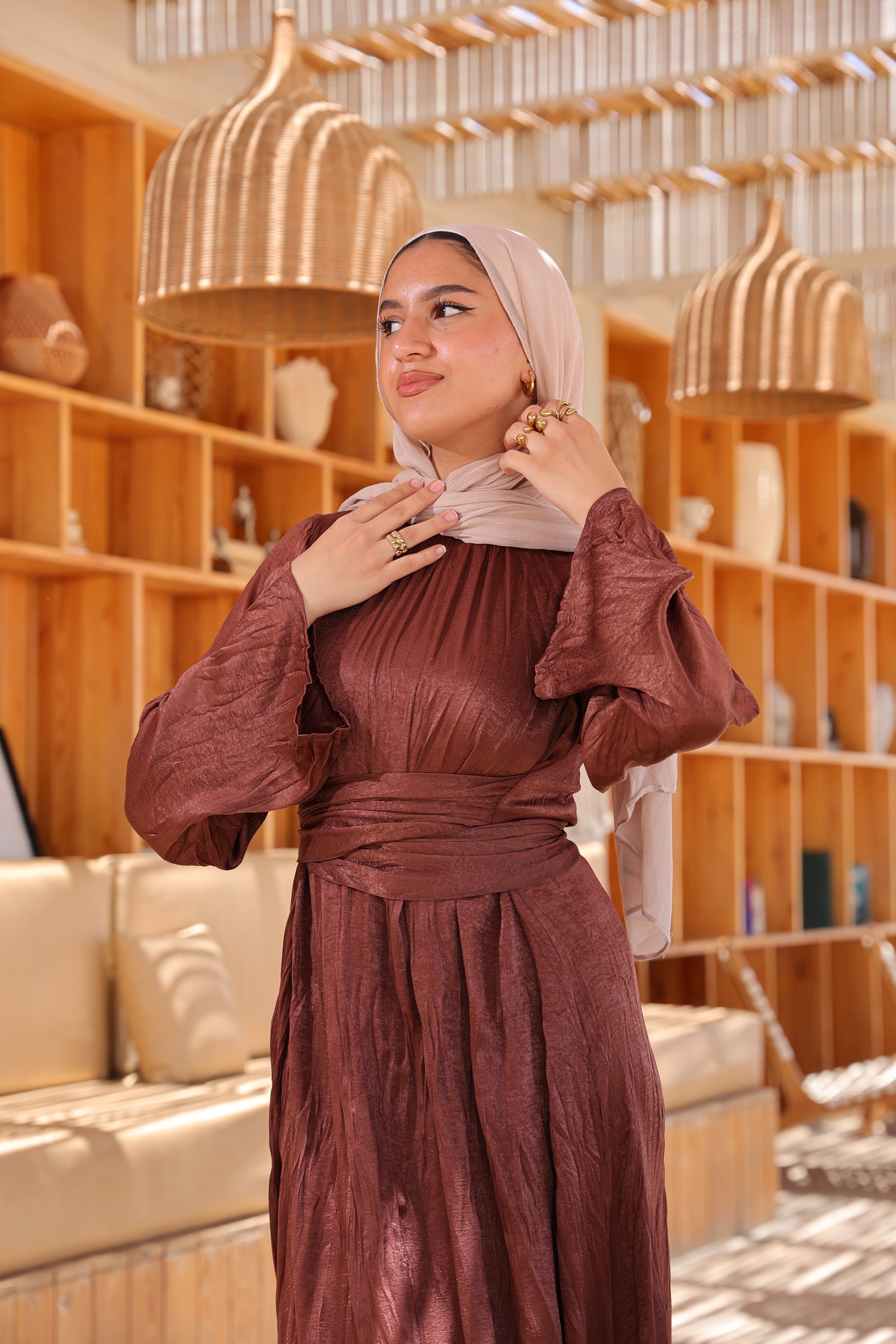 Crunchy Satin Dress - Brown
