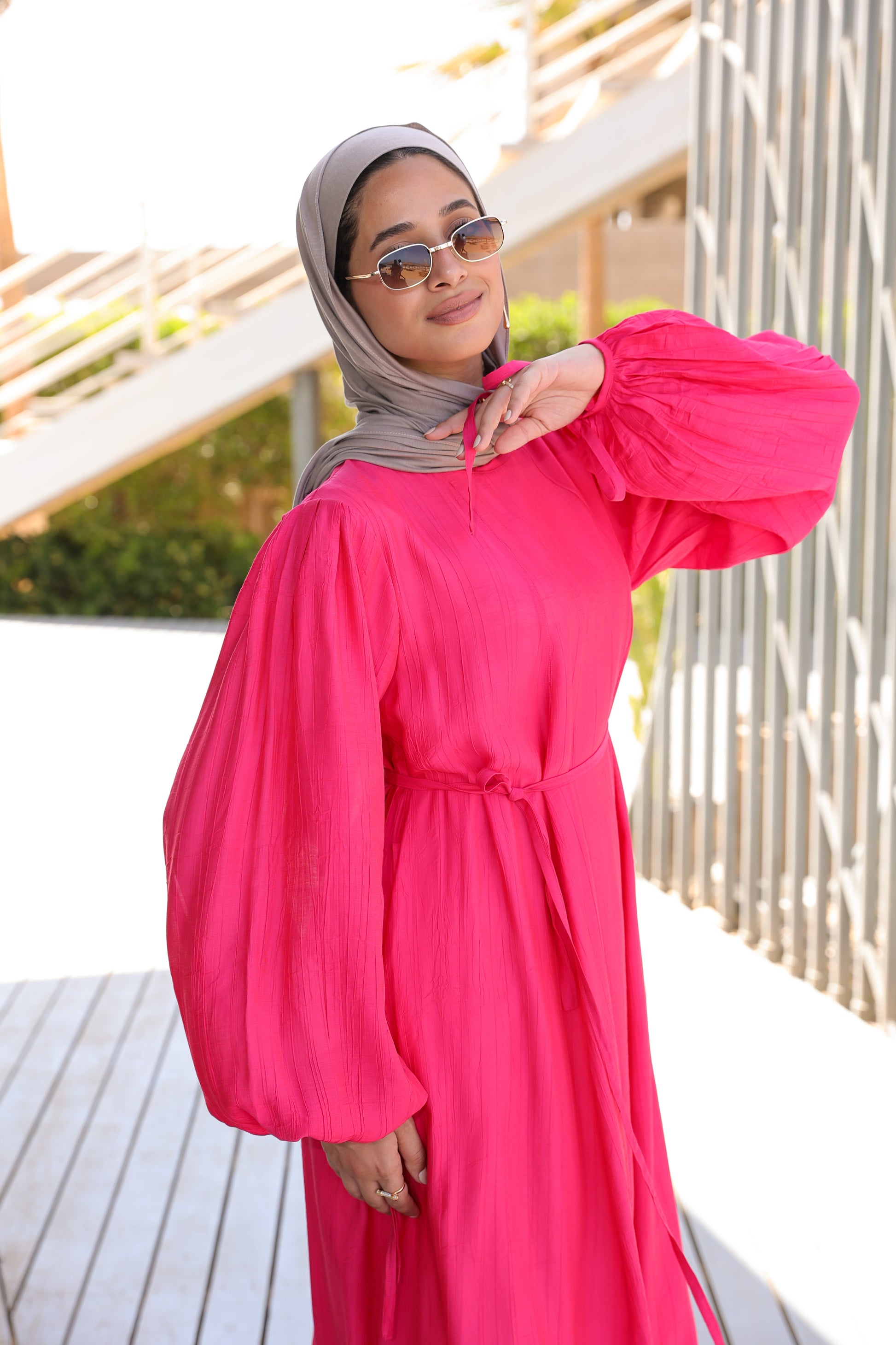 Loose Fit Front Detail Dress - Fushia