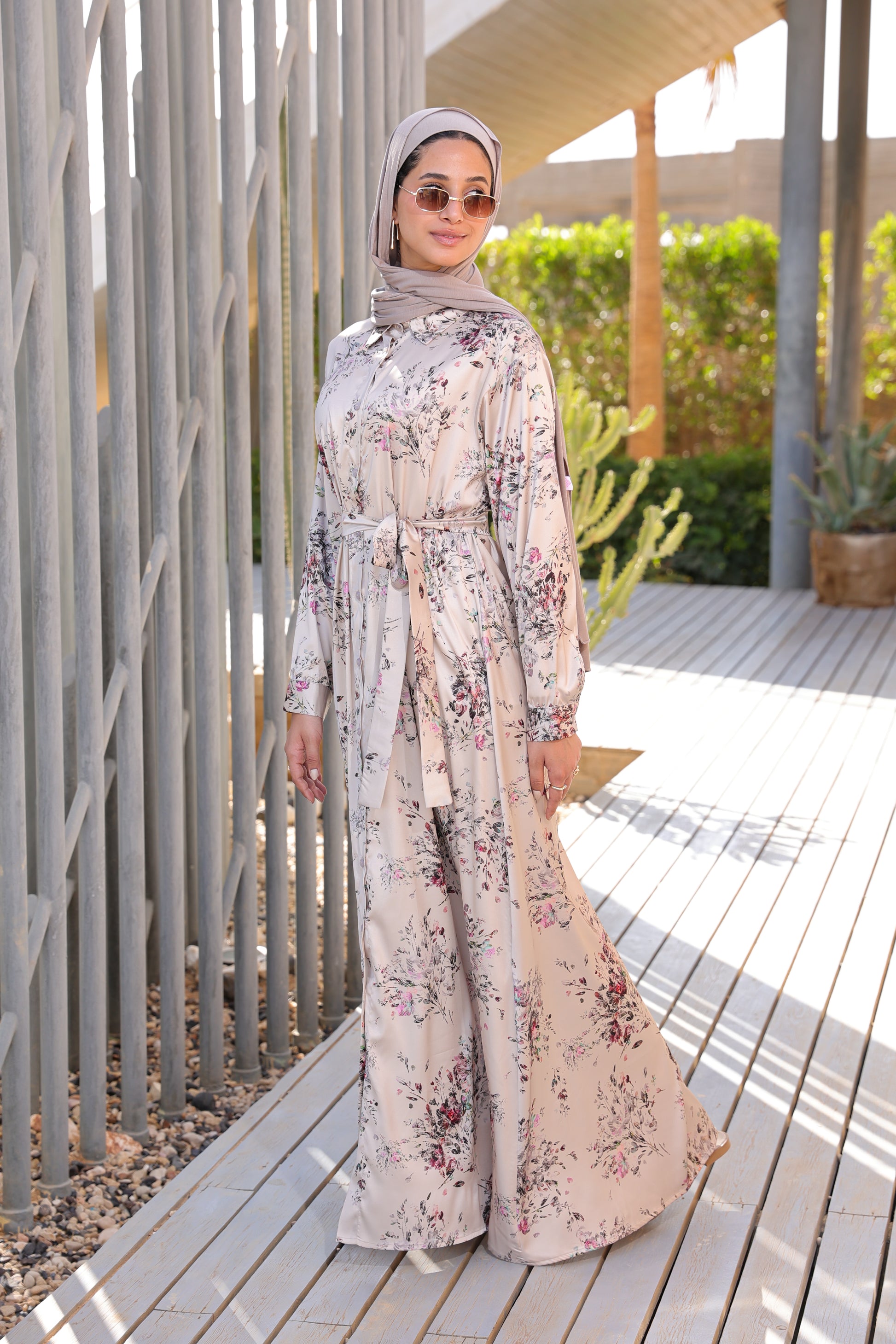 Folral Satin Dress - Beige