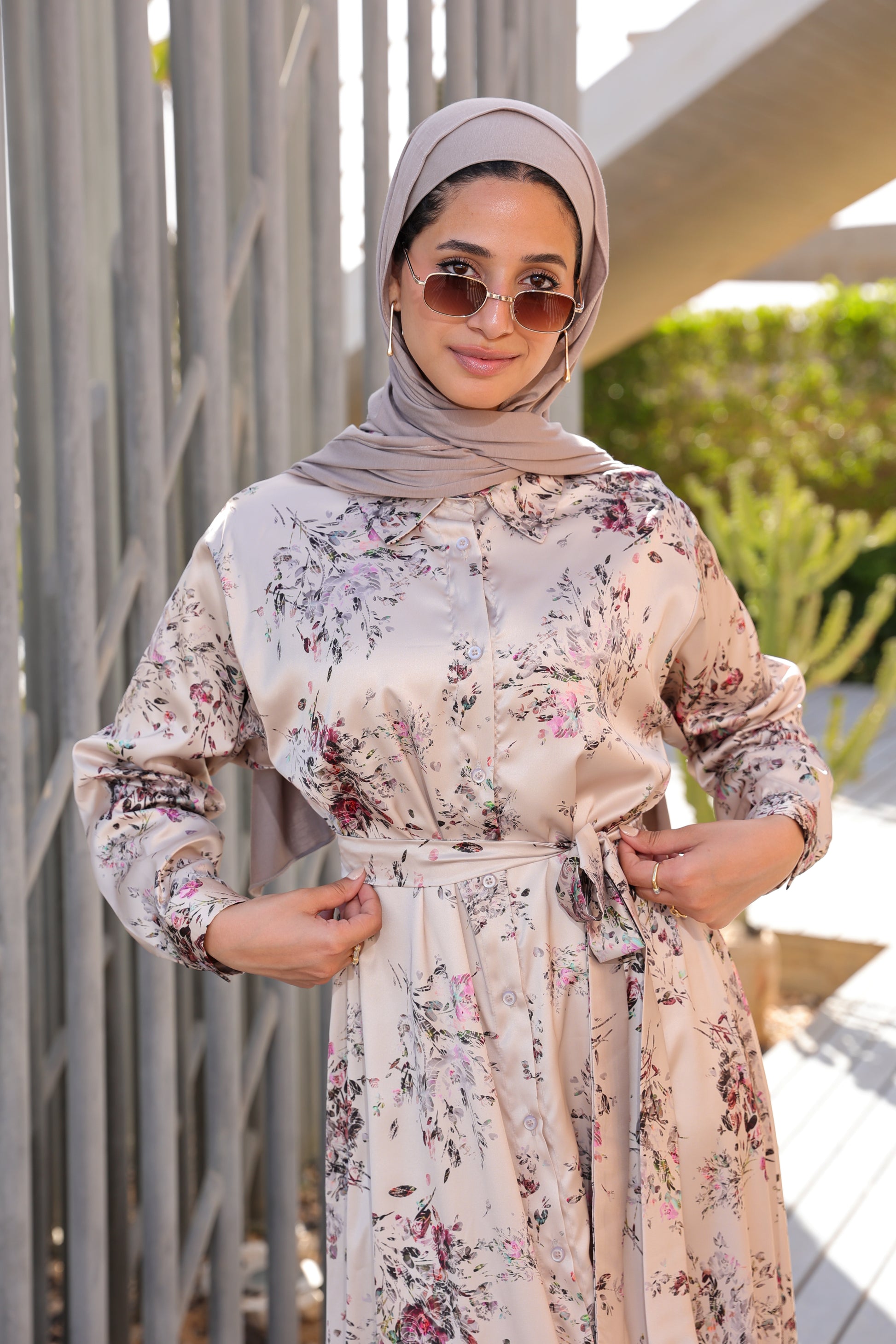 Folral Satin Dress - Beige