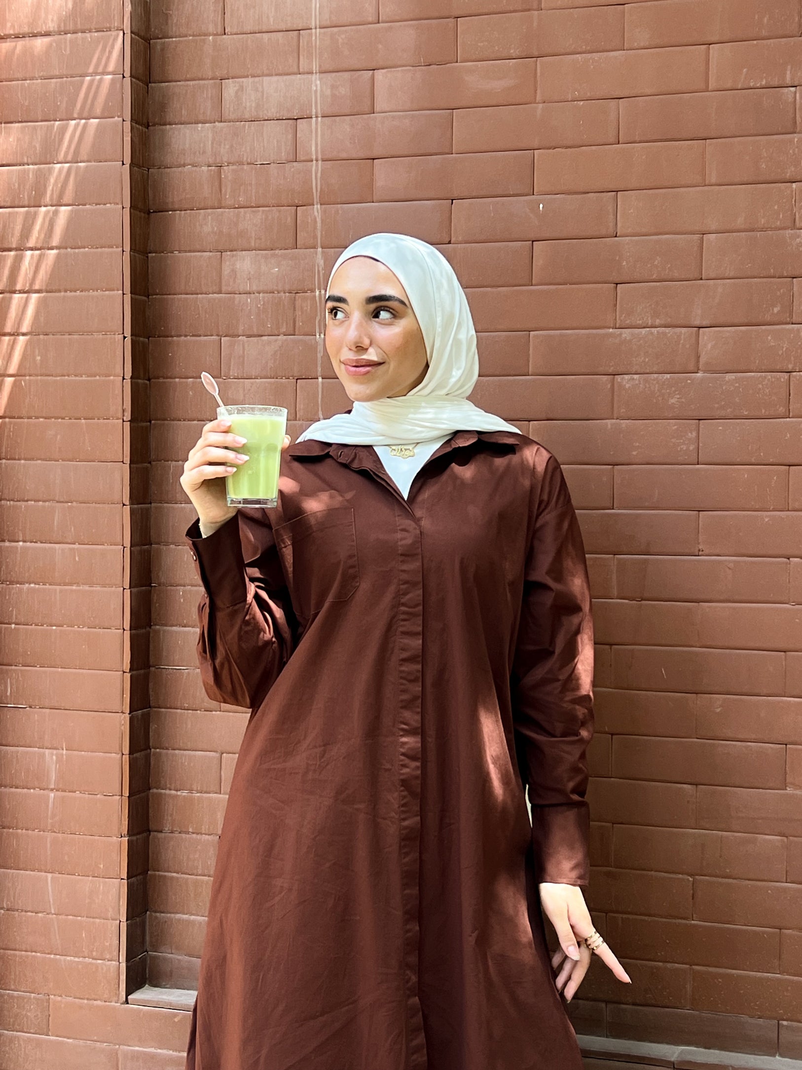 Side-Slit Long Shirt- Brown