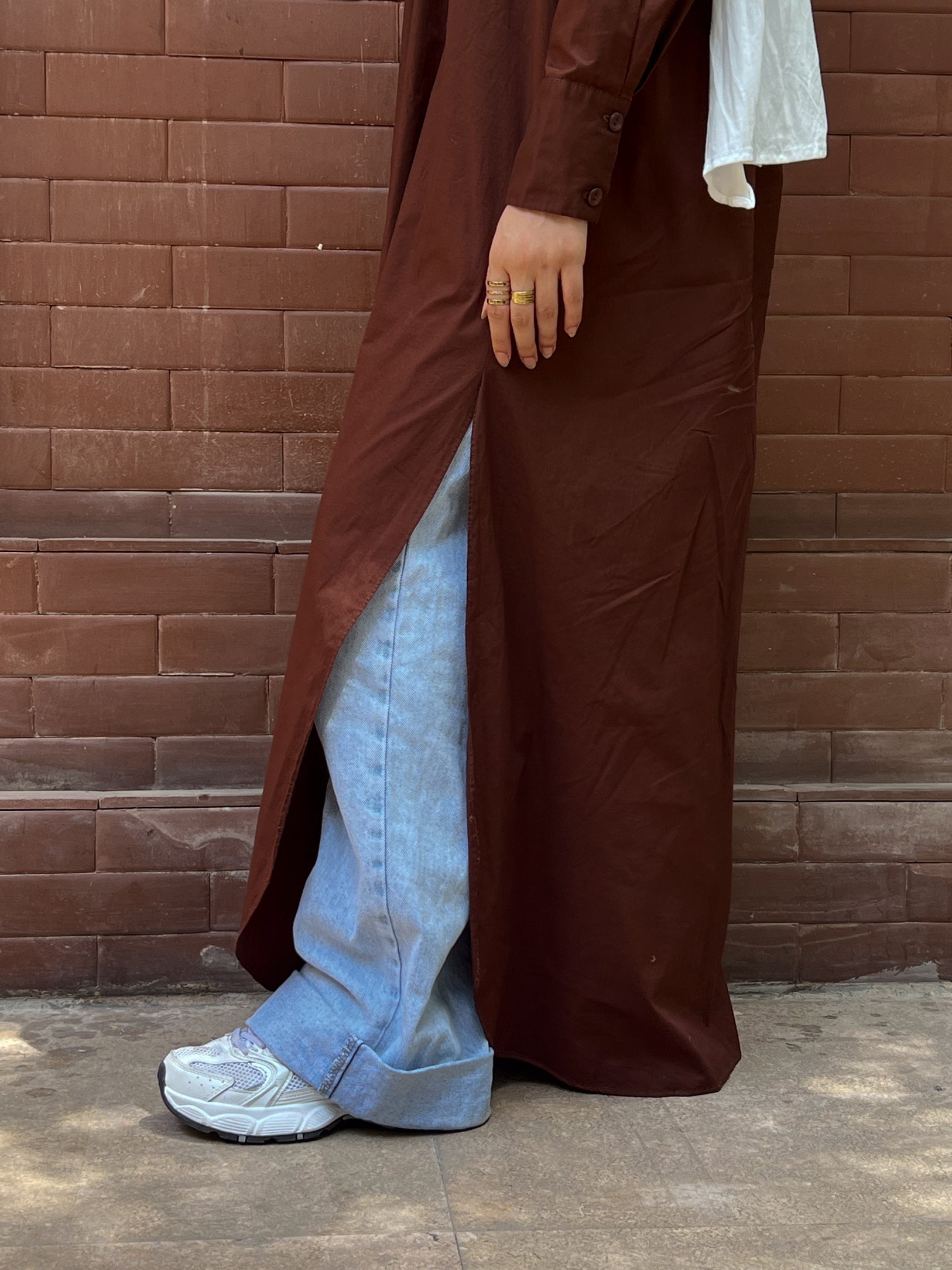 Side-Slit Long Shirt- Brown