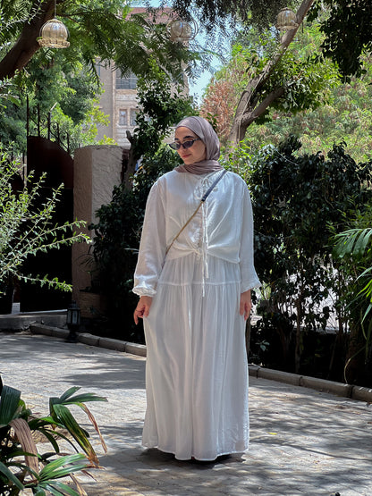 Front-Button Pleated Set- White