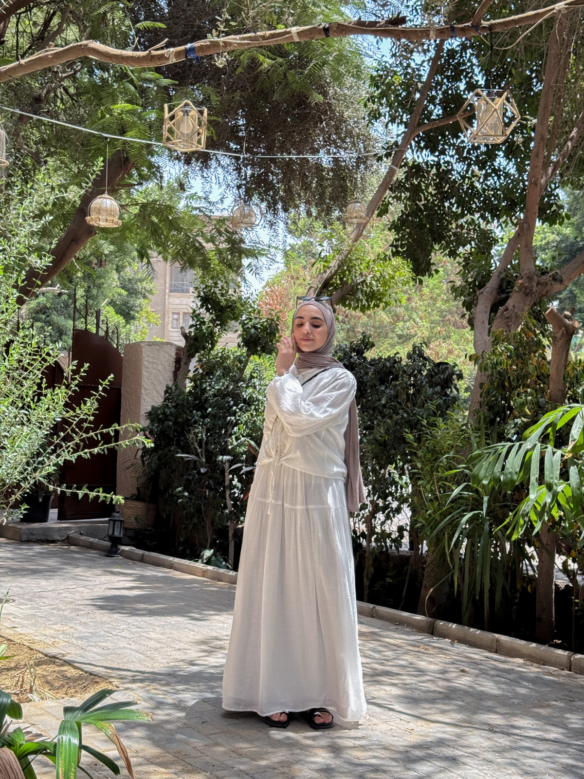 Front-Button Pleated Set- White