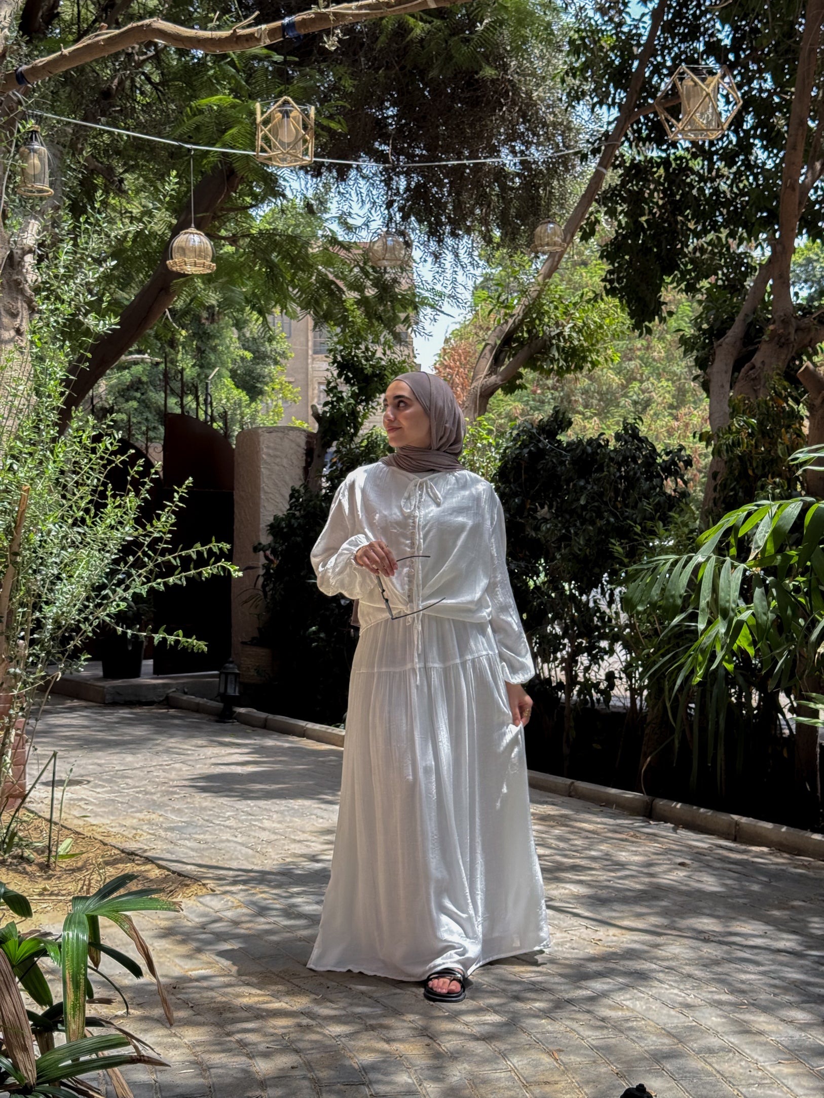 Front-Button Pleated Set- White