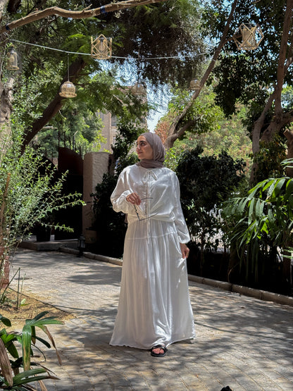 Front-Button Pleated Set- White