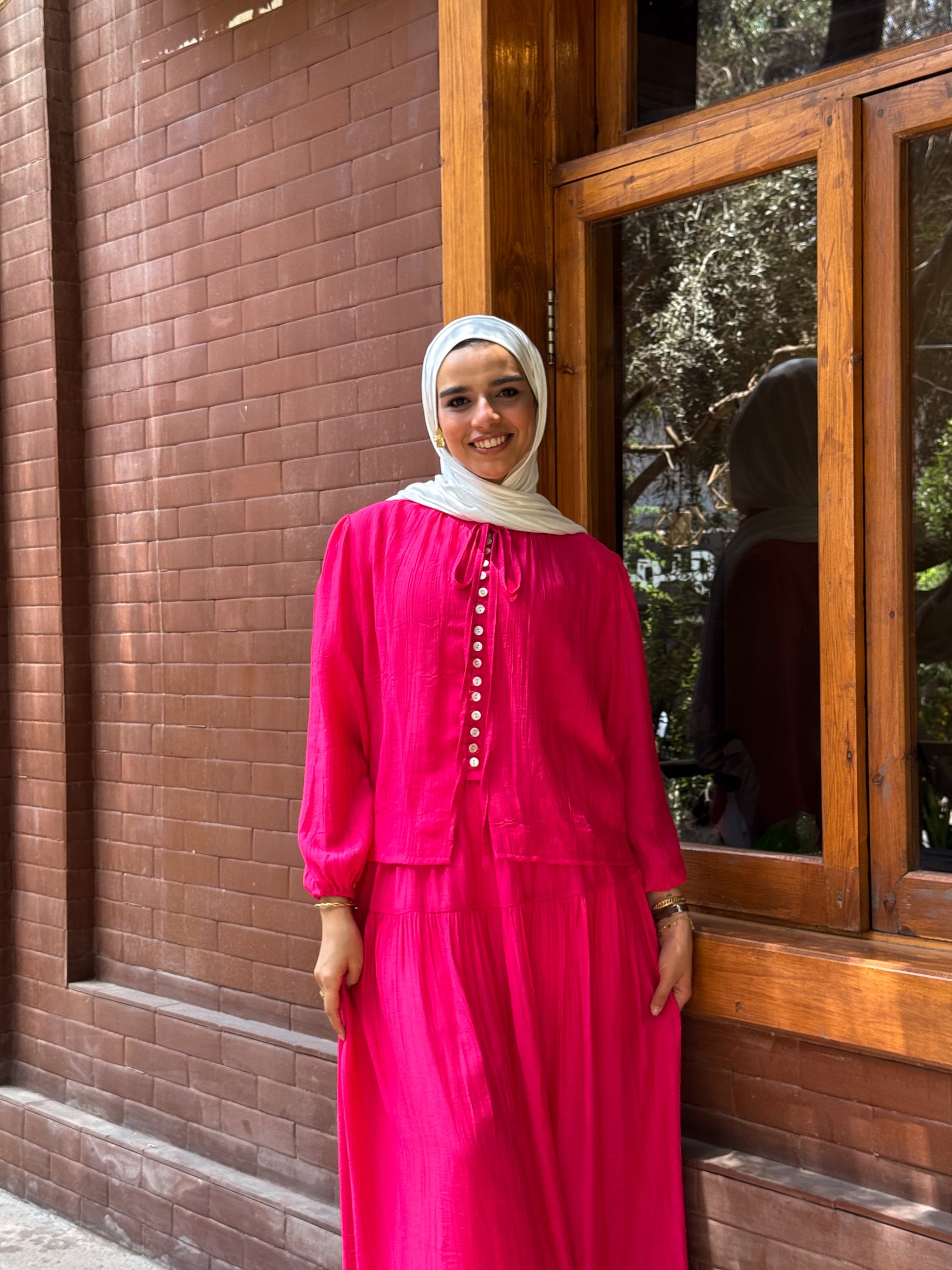 Front-Button Pleated Set- Fuchsia