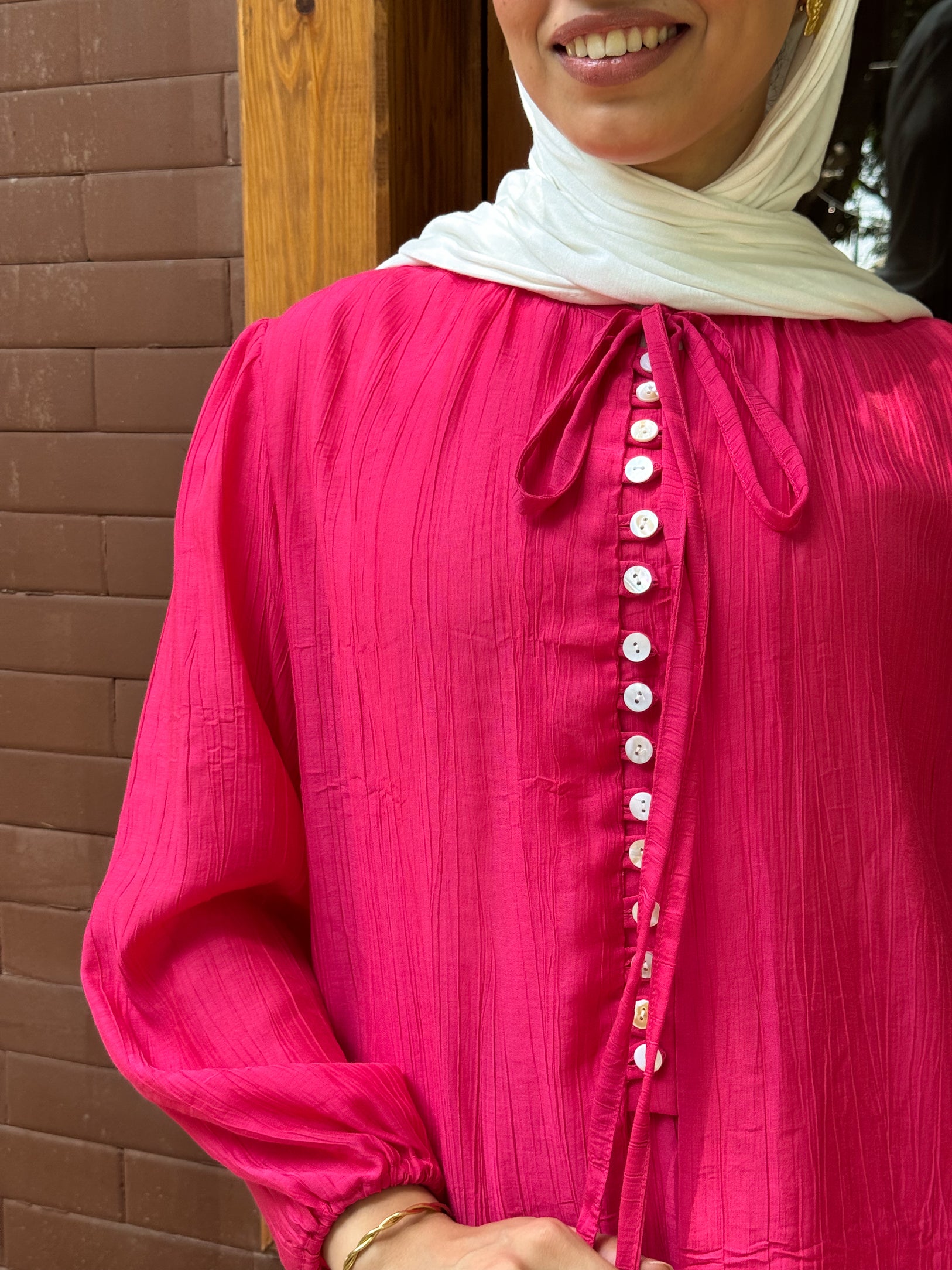 Front-Button Pleated Set- Fuchsia