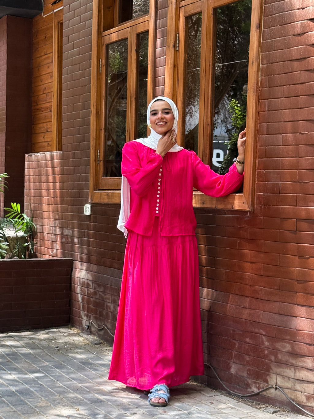 Front-Button Pleated Set- Fuchsia