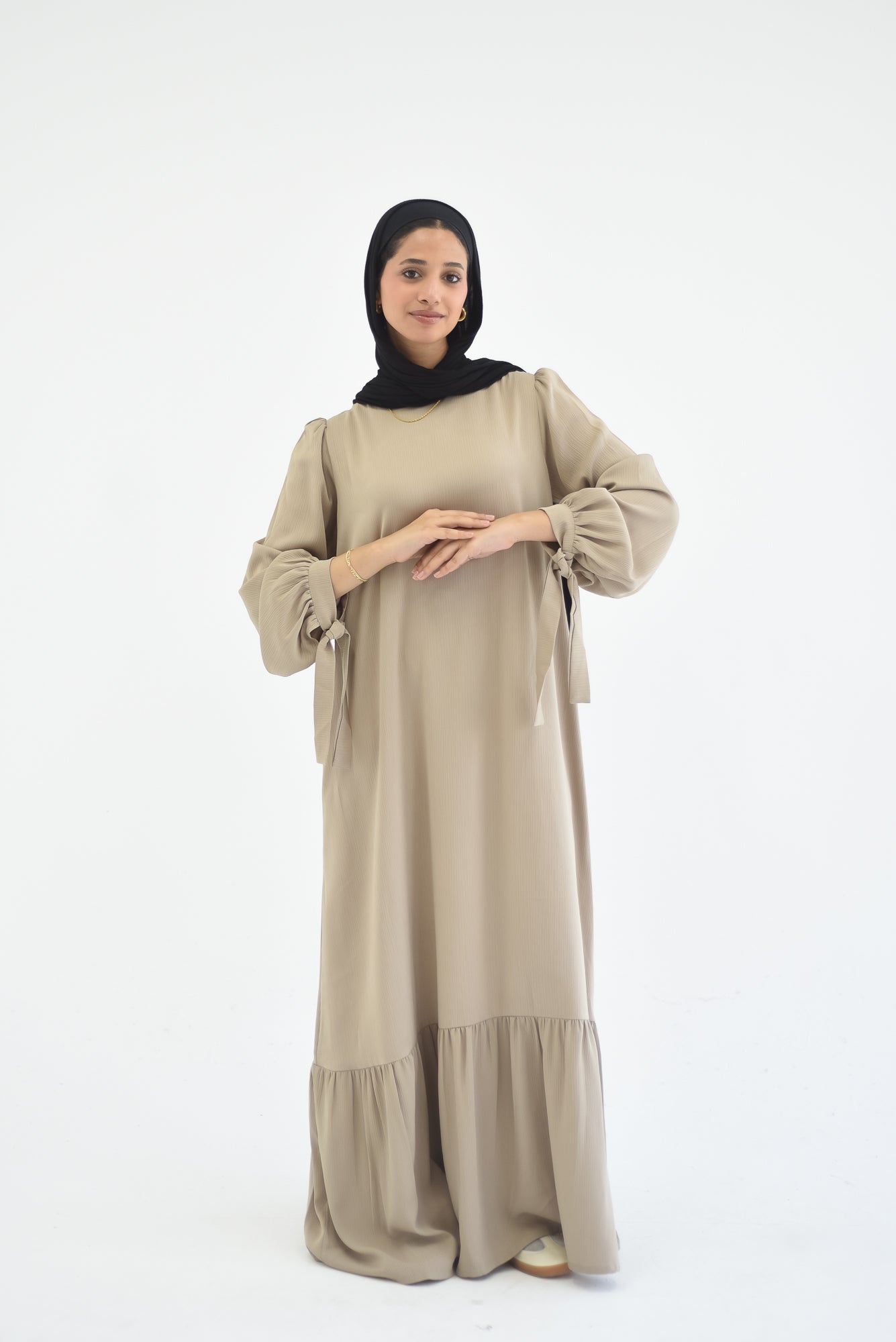 Drawstring Sleeves Satin Dress - Beige