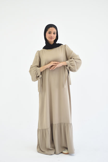 Drawstring Sleeves Satin Dress - Beige