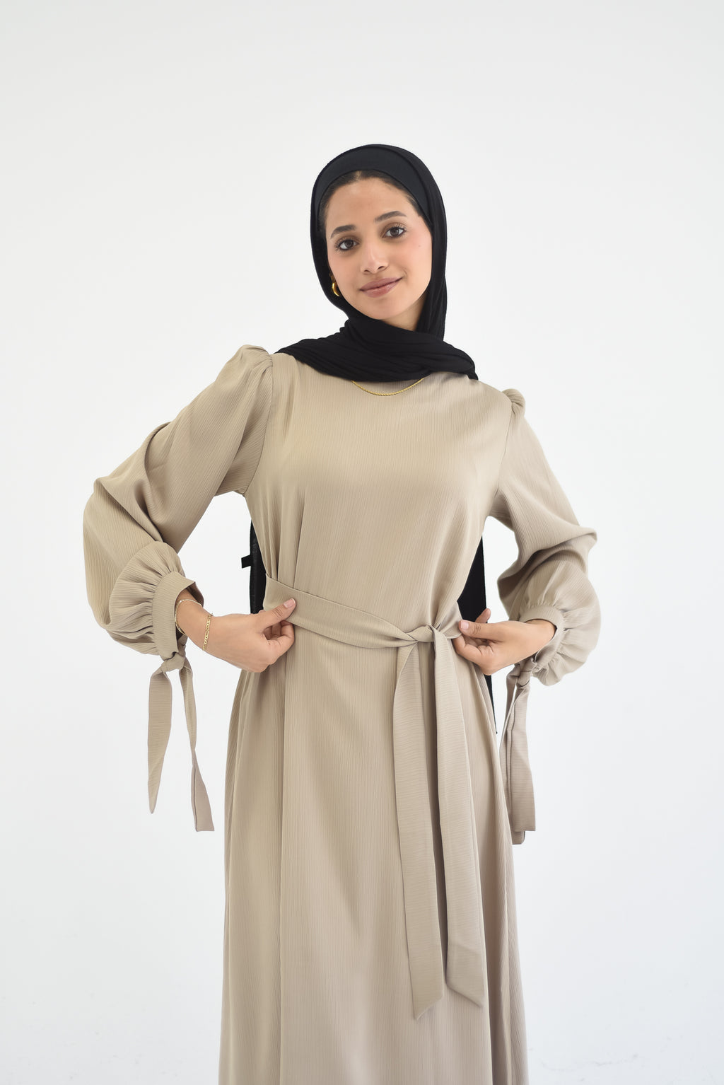 Drawstring Sleeves Satin Dress - Beige