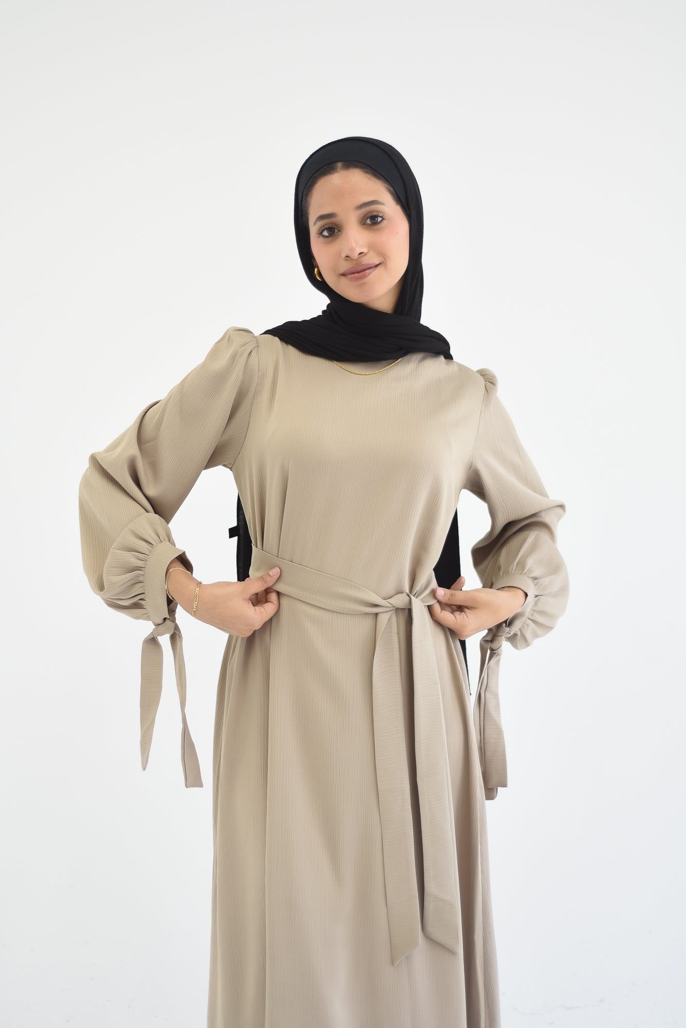 Drawstring Sleeves Satin Dress - Beige