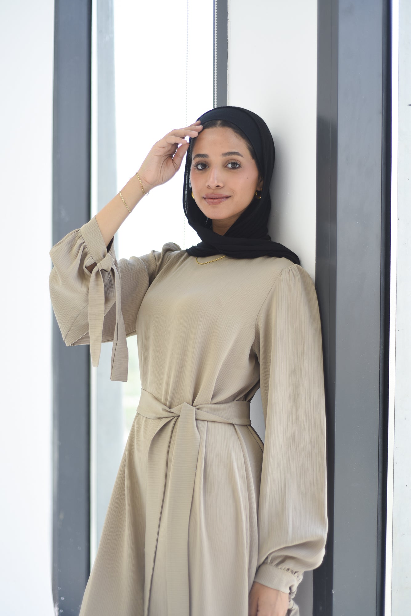 Drawstring Sleeves Satin Dress - Beige