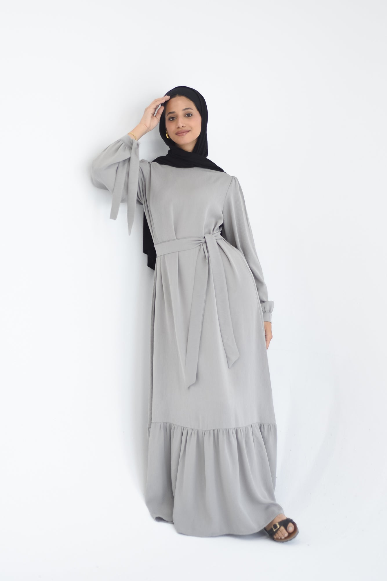Drawstring Sleeves Satin Dress - Grey