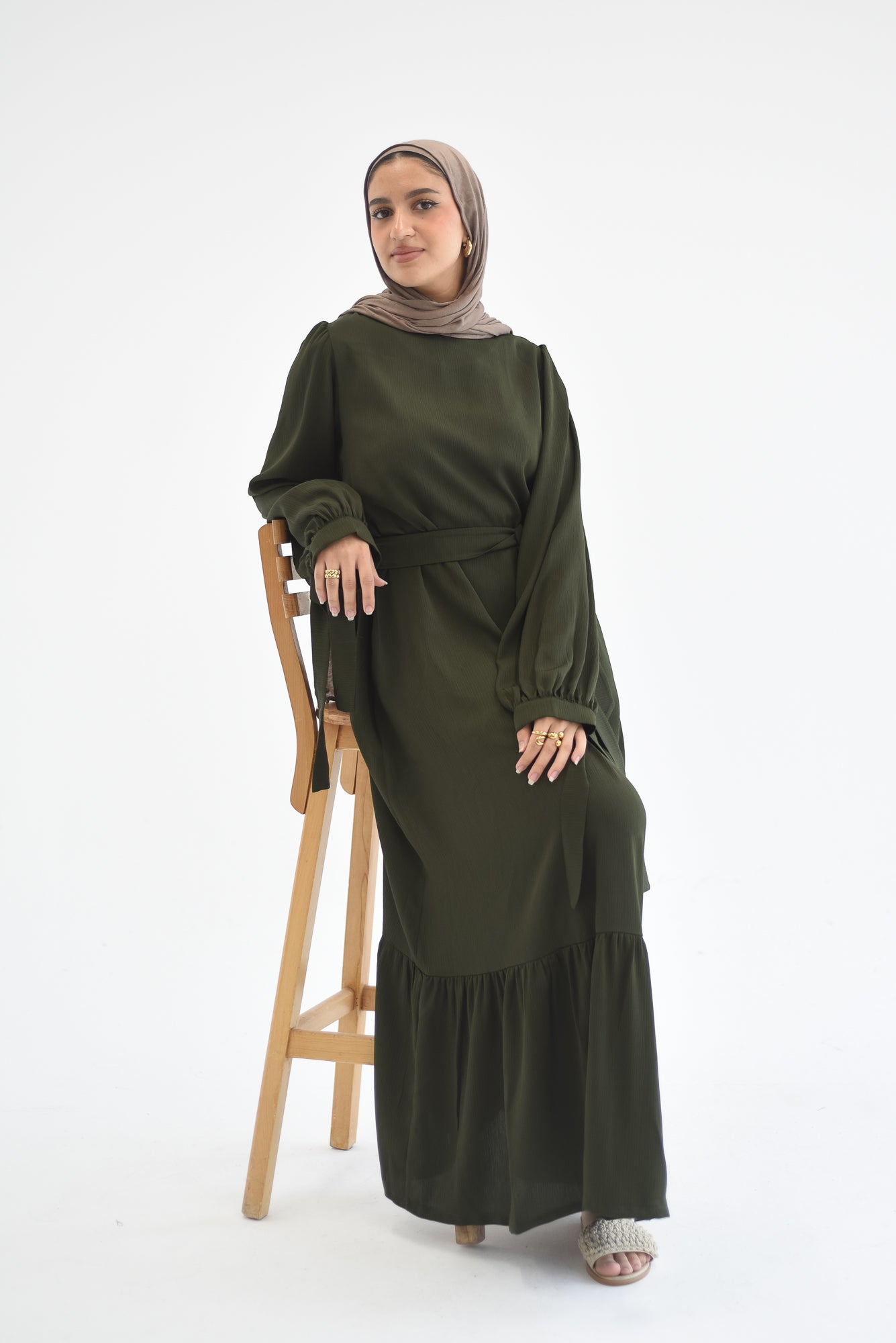 Drawstring Sleeves Satin Dress - Dark Olive