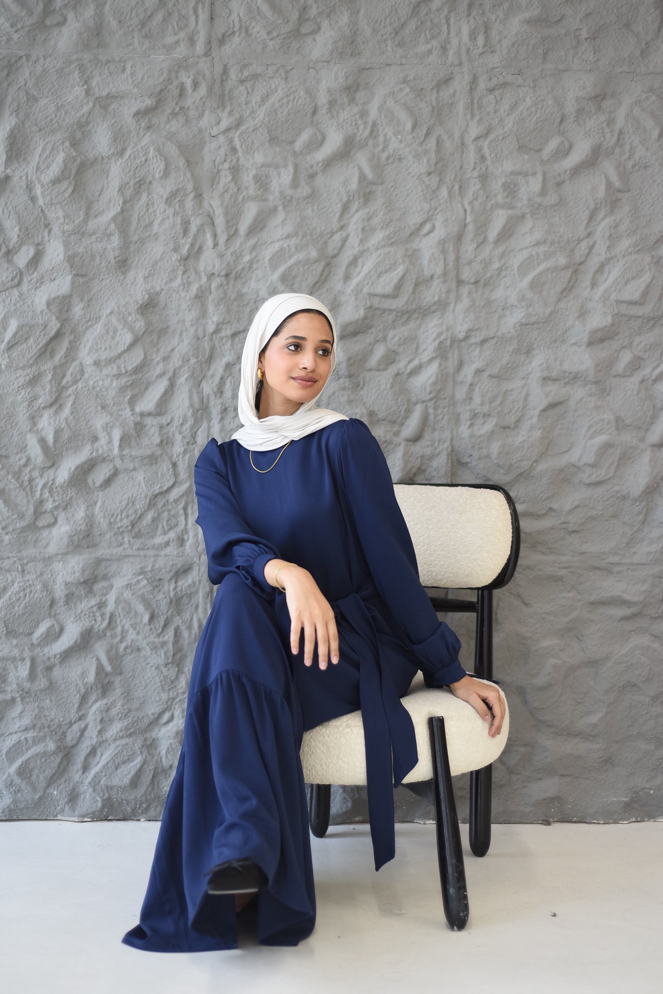 Drawstring Sleeves Satin Dress - Navy