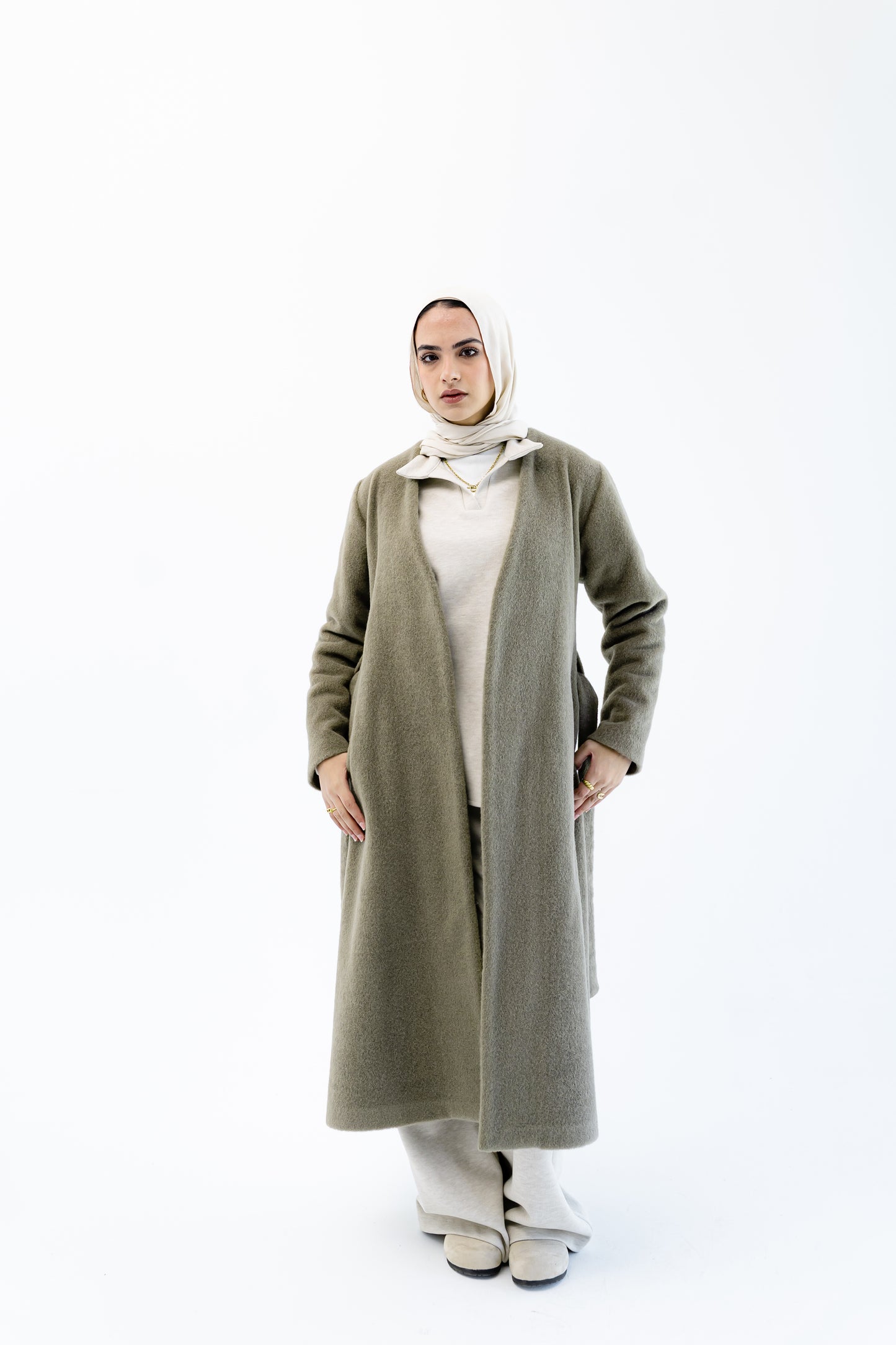 Straight-Cut Long Coat -Olive