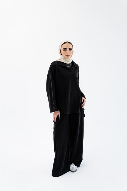 طقم كاجوال ناعم الملمس - أسود