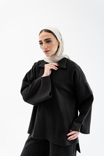 طقم كاجوال ناعم الملمس - أسود