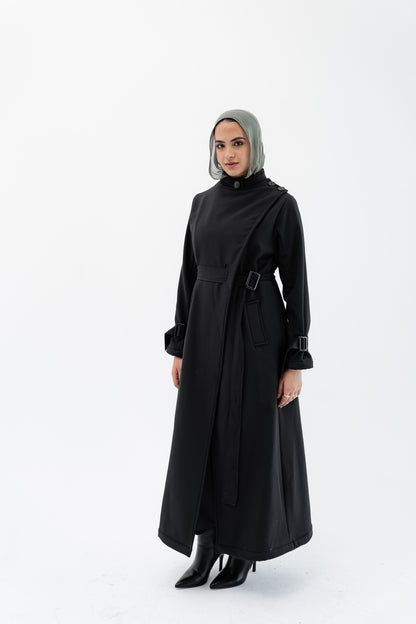 Elegant Wrap Belted Coat -Black