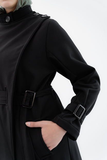 Elegant Wrap Belted Coat -Black