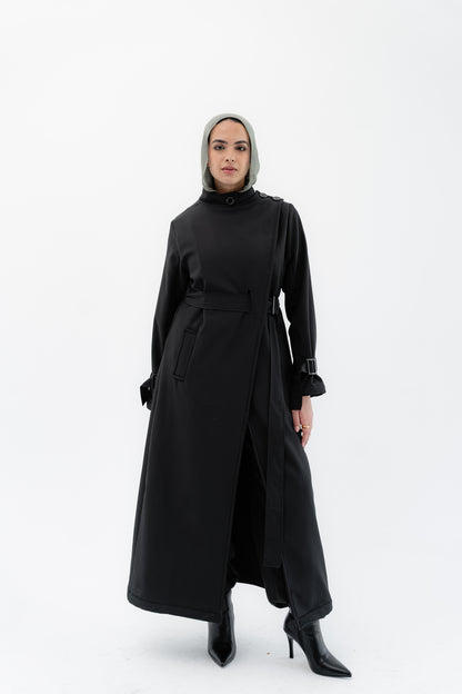 Elegant Wrap Belted Coat -Black