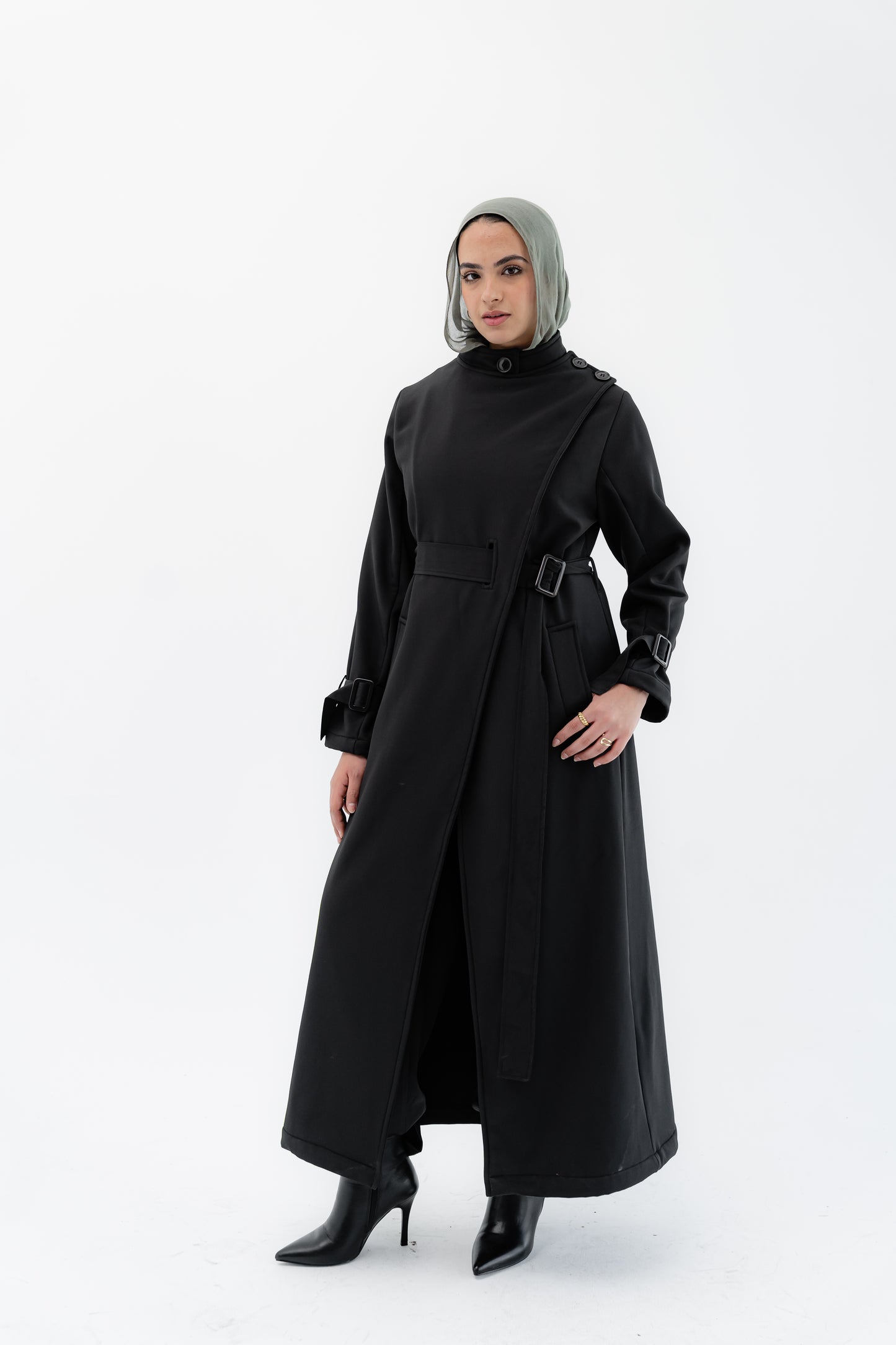 Elegant Wrap Belted Coat -Black