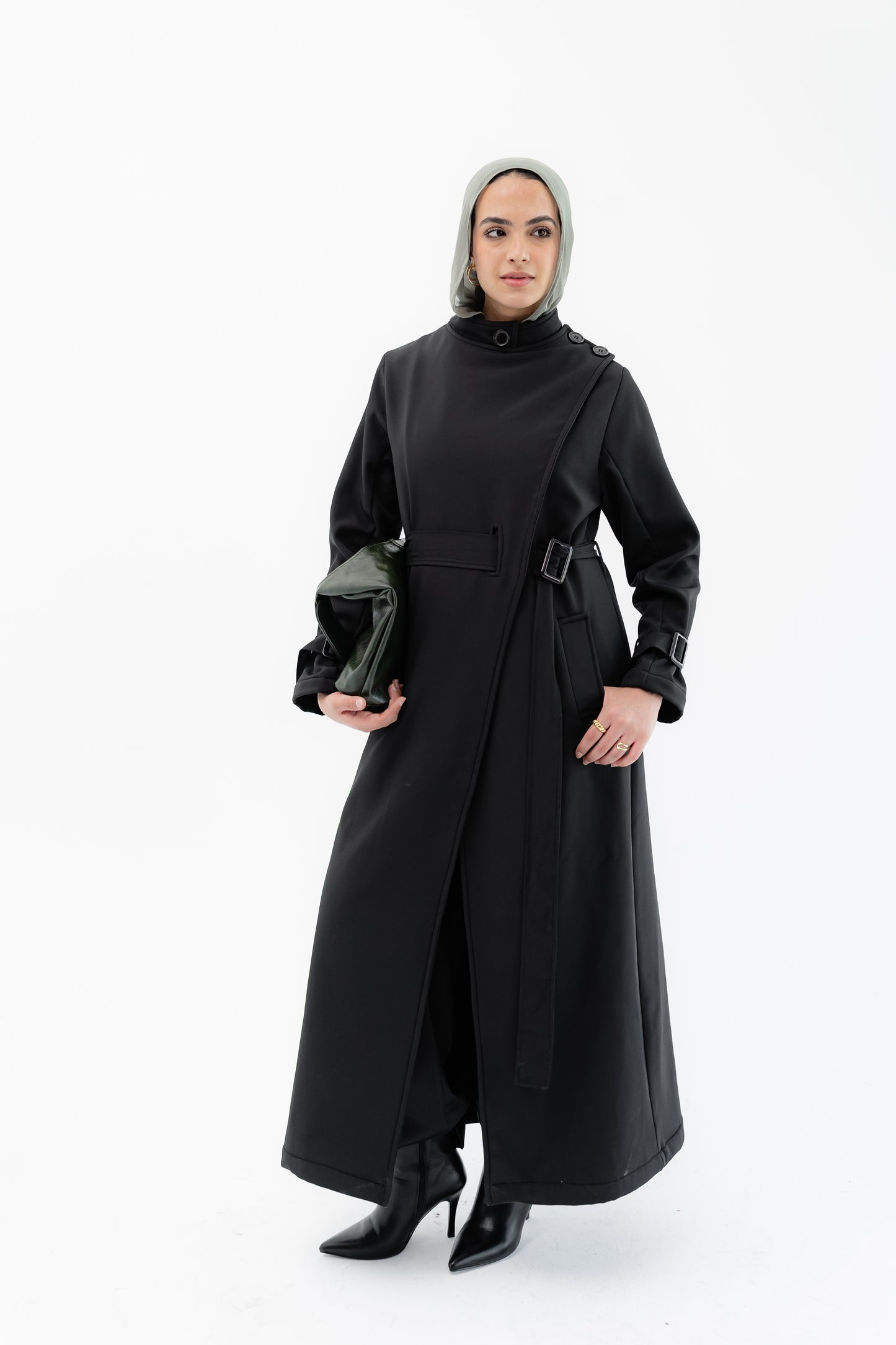 Elegant Wrap Belted Coat -Black