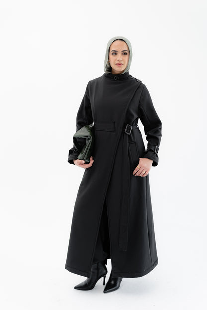 Elegant Wrap Belted Coat -Black