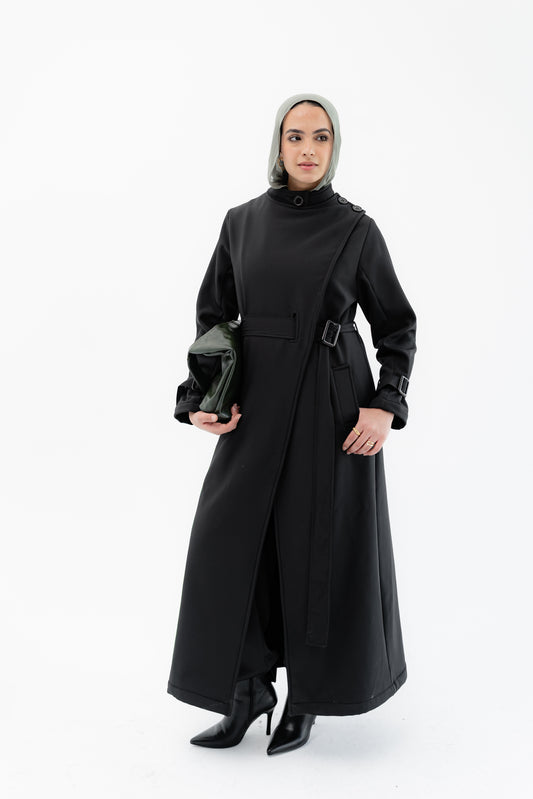 Elegant Wrap Belted Coat -Black