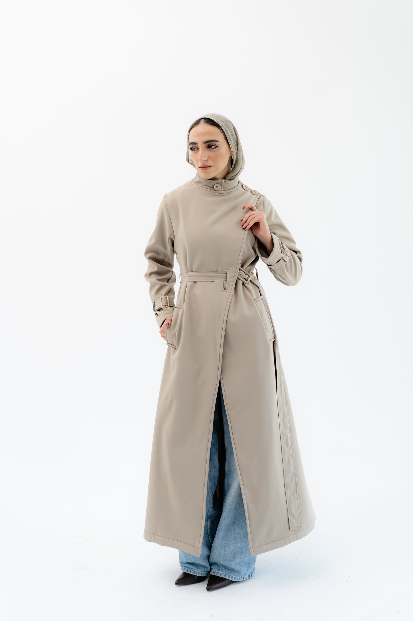 Elegant Wrap Belted Coat -Olive