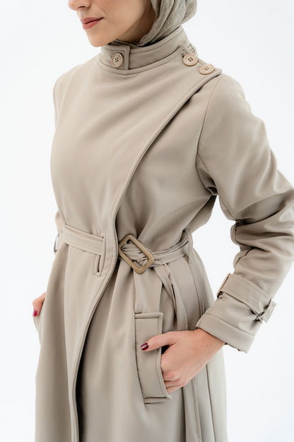 Elegant Wrap Belted Coat -Olive