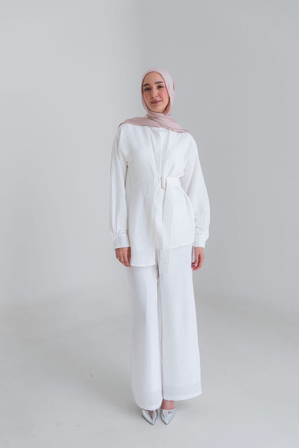 Striped Linen Set-White