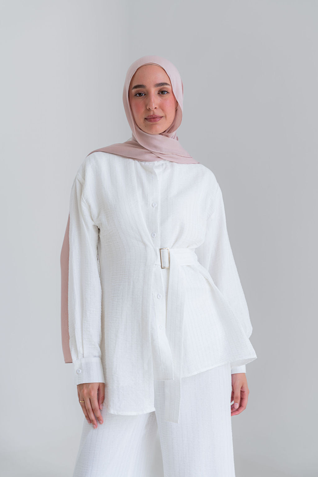 Striped Linen Set-White