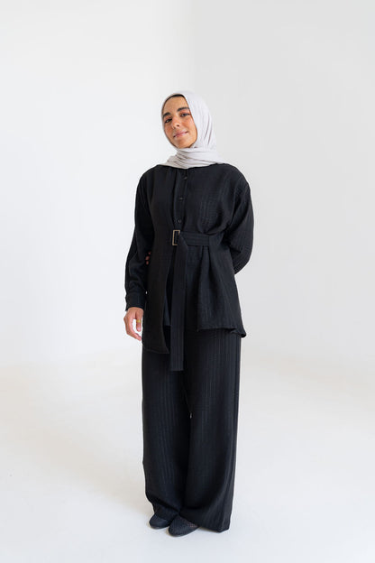 Striped Linen Set-Black