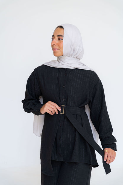 Striped Linen Set-Black