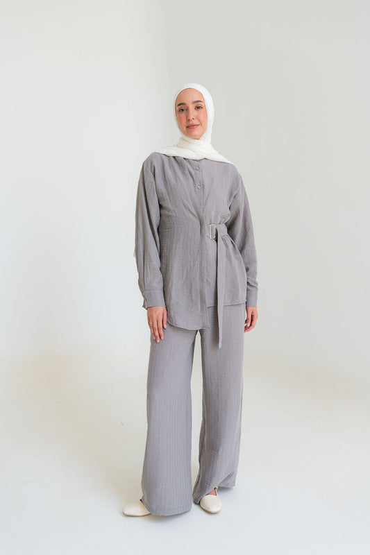 Striped Linen Set-Gray