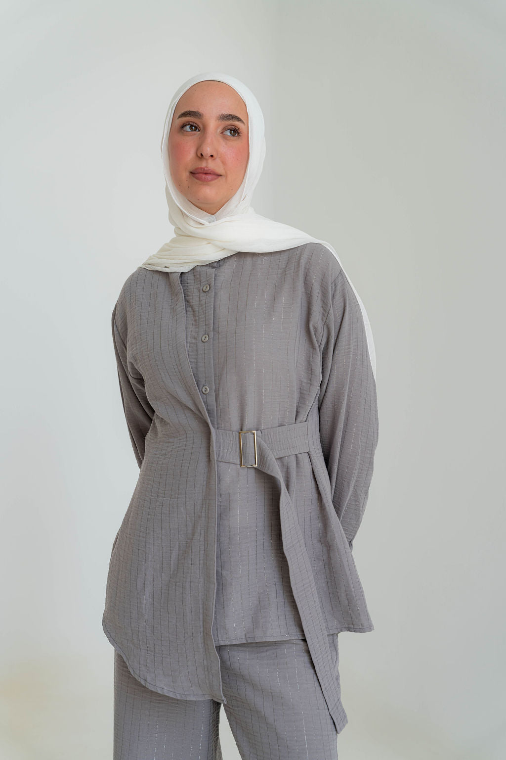 Striped Linen Set-Gray