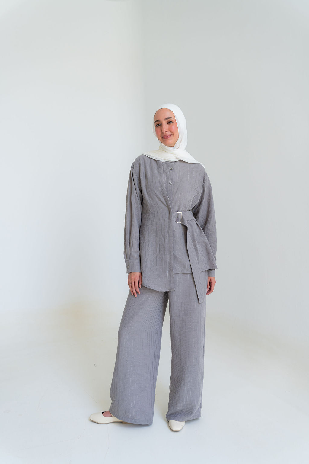 Striped Linen Set-Gray