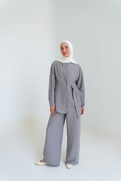 Striped Linen Set-Gray