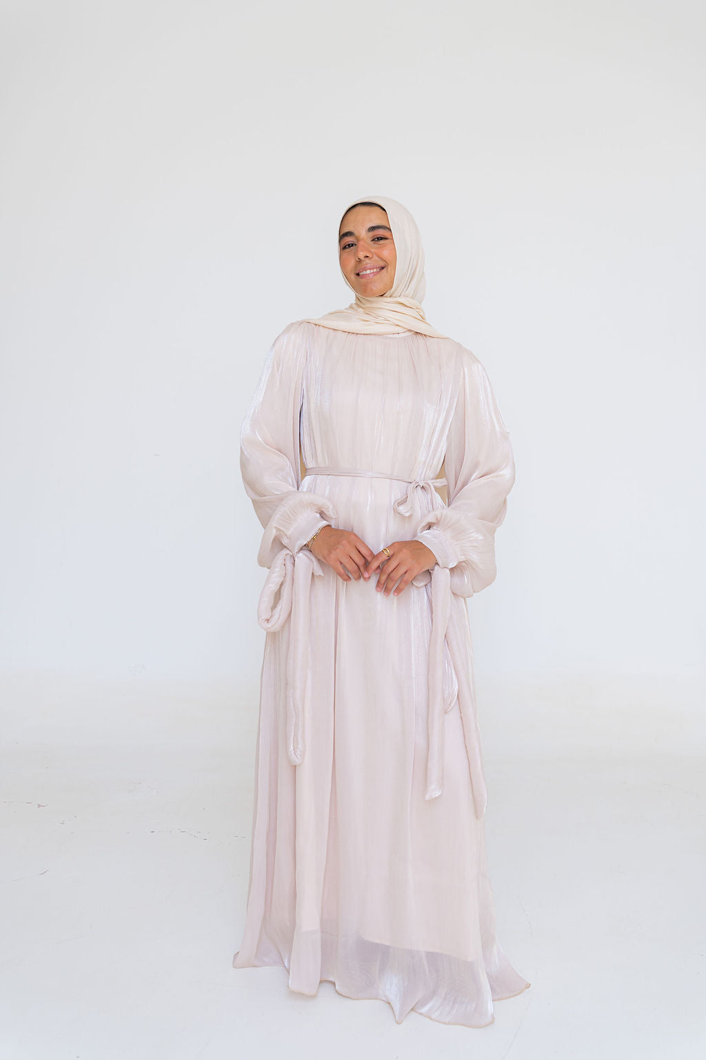Shimmer Crinkled Satin Dress-Beige