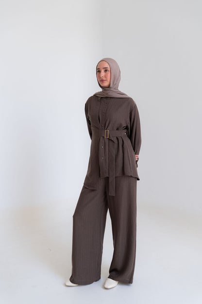 Striped Linen Set-Brown