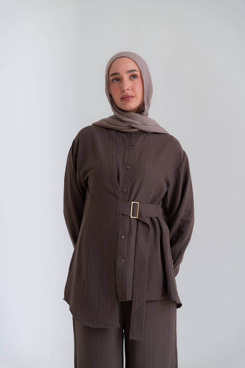 Striped Linen Set-Brown