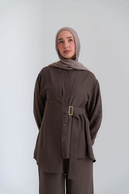 Striped Linen Set-Brown